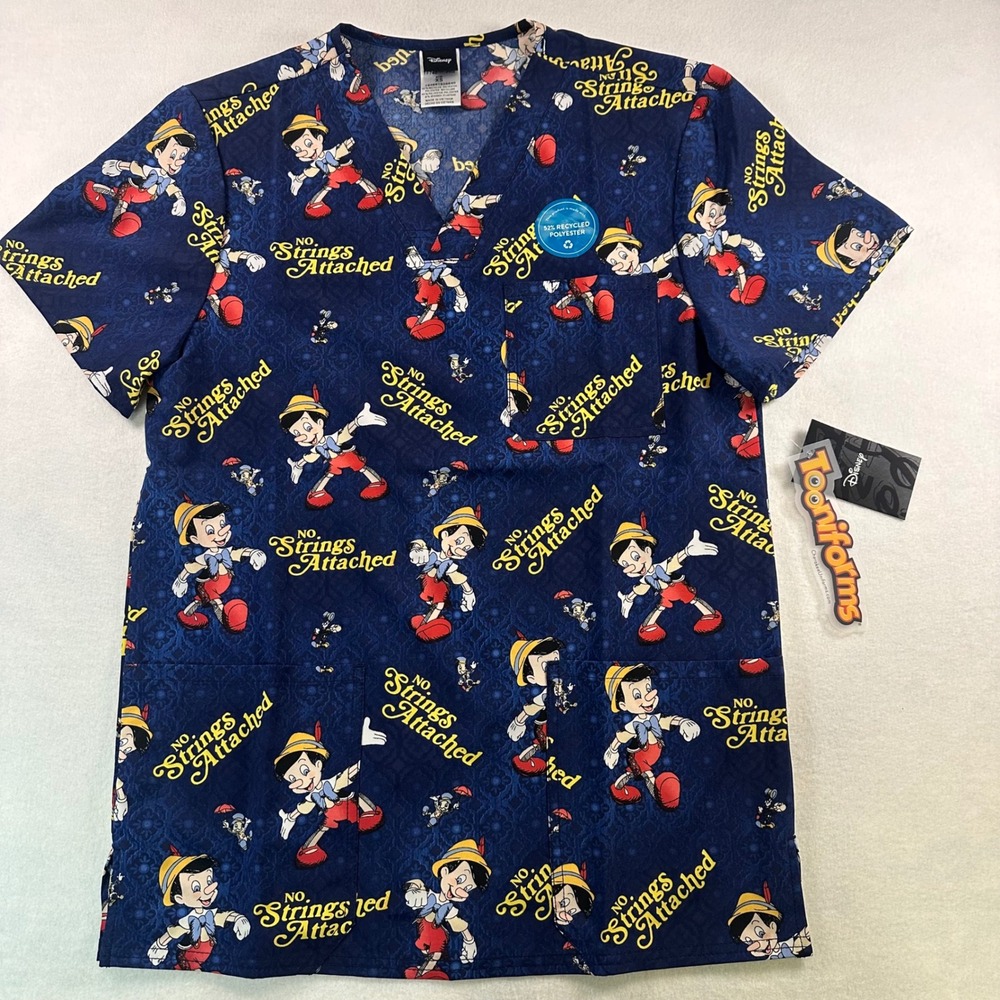 Disney Tooniforms Pinocchio No Strings Attached Scrub Top Navy Blue XS TF740